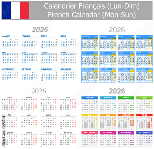 2026 French Mix Calendar Mon-Sun on white background