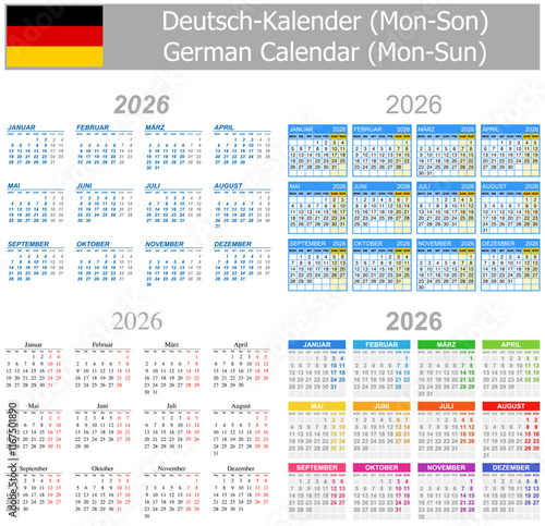 2026 German Mix Calendar Mon-Sun on white background