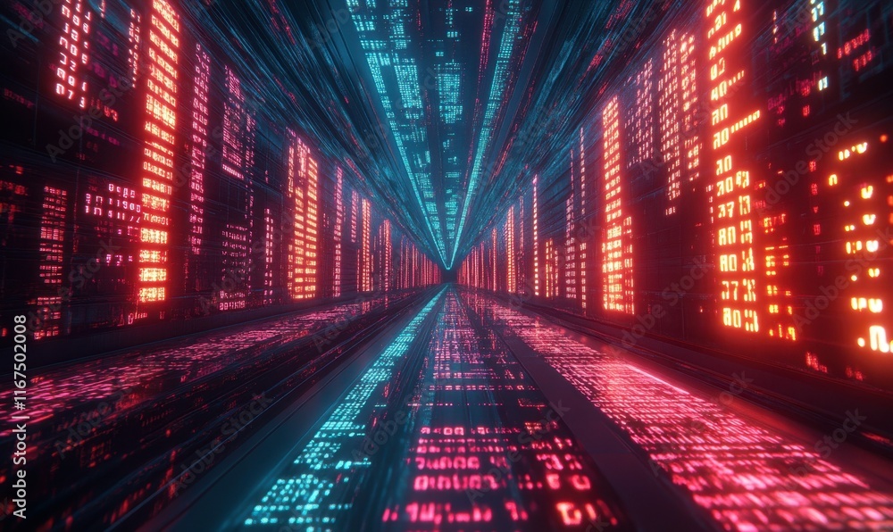 A futuristic tunnel filled with vibrant digital data streams. A futuristic tunnel filled with vibrant digital data streams.
