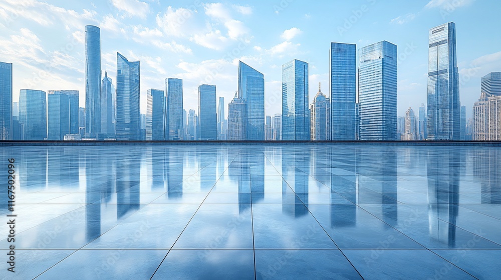 Modern City Skyline Reflected On Polished Floor Modern City Skyline Reflected On Polished Floor