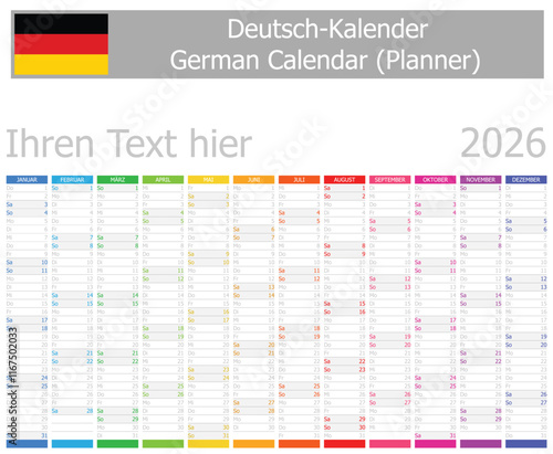 2026 German Planner Calendar with Vertical Months on white background