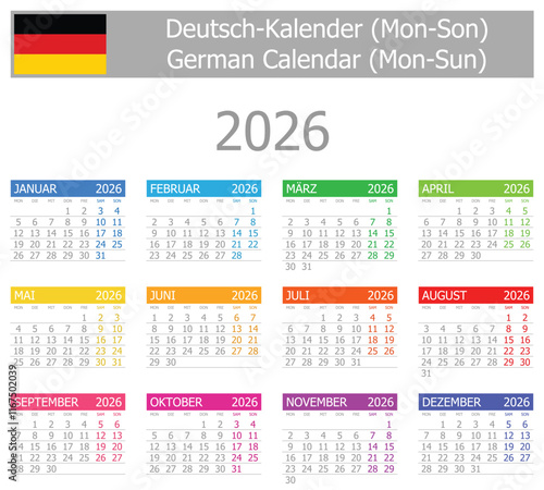 2026 German Type-1 Calendar Mon-Sun on white background