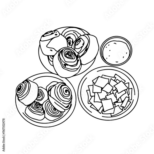 Traditional food of Dagestan and Caucasian people, khachapuri, khinkal, jar in minimalistic vector line illustration set. Vector illustration