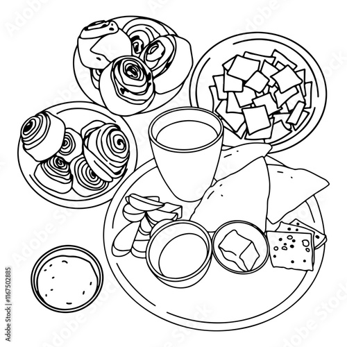 Traditional food of Dagestan and Caucasian people, khachapuri, khinkal, jar in minimalistic vector line illustration set. Vector illustration