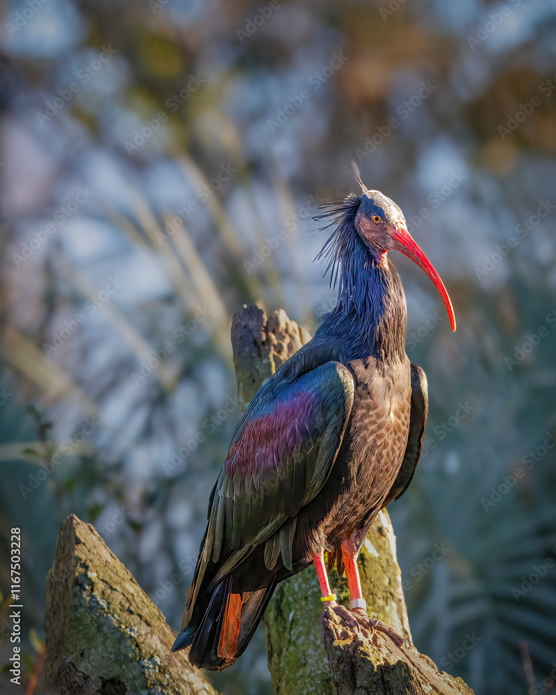 Naklejka premium A Northern bald ibis with a long beak stands on a tree branch