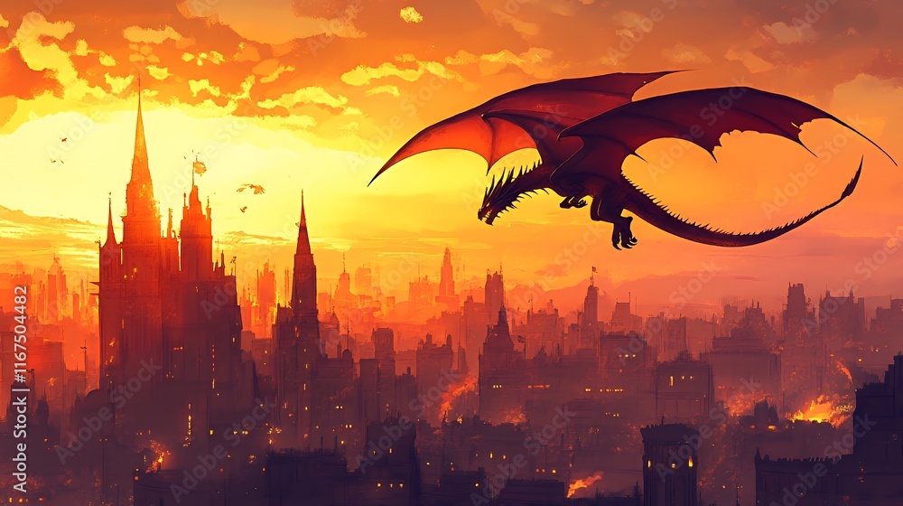 Red Dragon Soaring Over Sunset Cityscape Red Dragon Soaring Over Sunset Cityscape