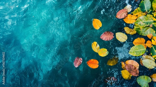 Colorful Autumn Leaves Floating On Teal Water photo