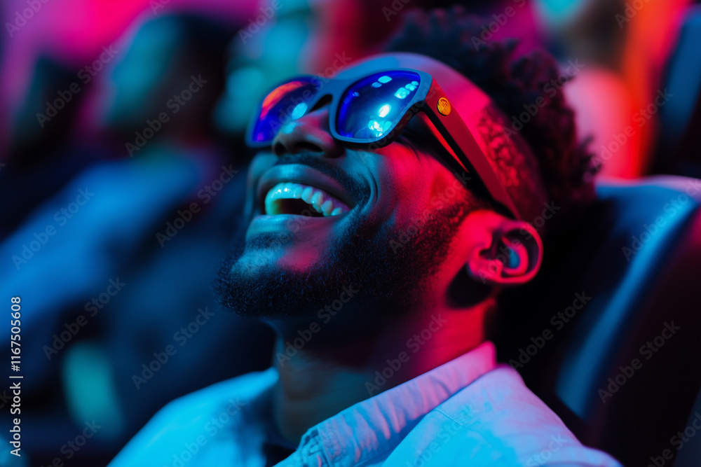 man wearing 3D glasses is smiling and laughing in a movie theater. The scene is set in a dark room with a large audience watching the movie. The man is the center of attention man wearing 3D glasses is smiling and laughing in a movie theater. The scene is set in a dark room with a large audience watching the movie. The man is the center of attention