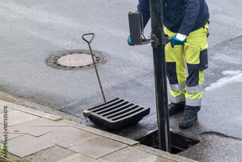 Arbeiter reinigt die Straßenkanalisatio photo