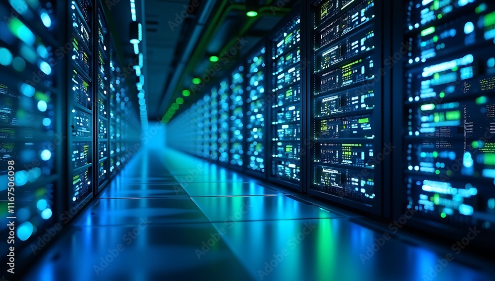 Advanced Data Center with Illuminated Server Racks and Glowing Network Connections Advanced Data Center with Illuminated Server Racks and Glowing Network Connections