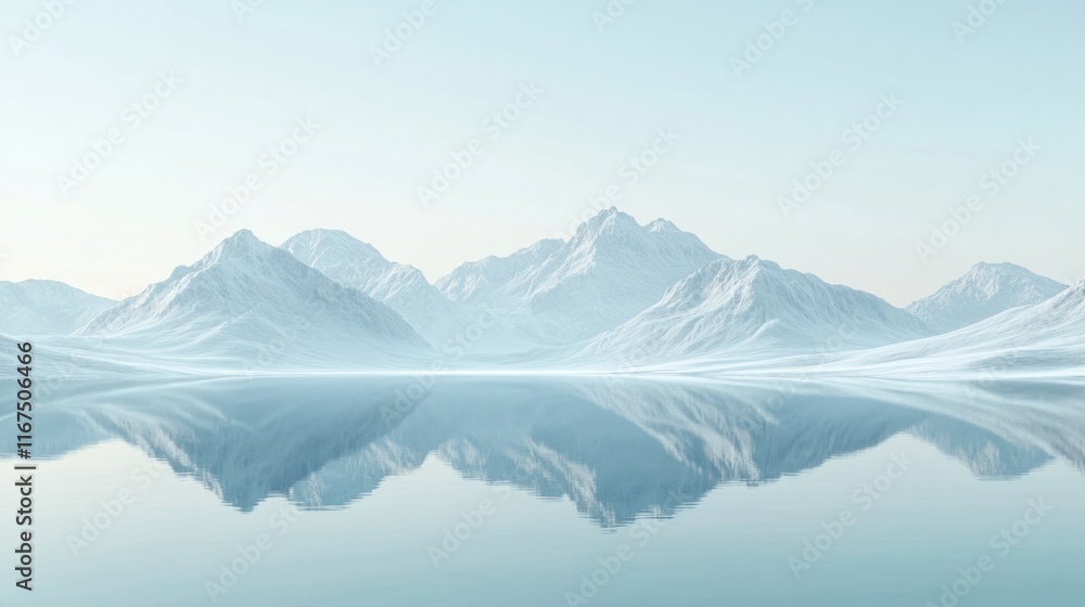Fototapeta premium Serene and tranquil reflection of a majestic mountain range in the still waters of a pristine glacial lake surrounded by a misty atmospheric and ethereal environment