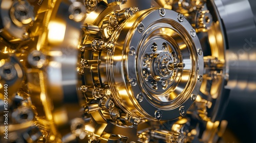 Precision Engineering Unveiled: Macro Close-up of Metallic Gear Mechanism with Intricate Textures in Soft Dramatic Light