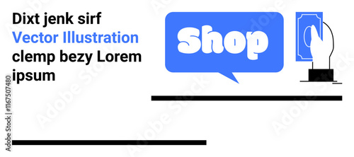 Hand holding a credit card above a card reader with Shop inside a blue speech bubble. Ideal for e-commerce, online shopping, payment processing, digital transactions, and retail. Banner landing