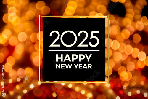2025 Happy New Year greeting card with christmas golden bokeh lights frame stock images. 2025 New Year background with night defocused lights images. Template for background, banner, card