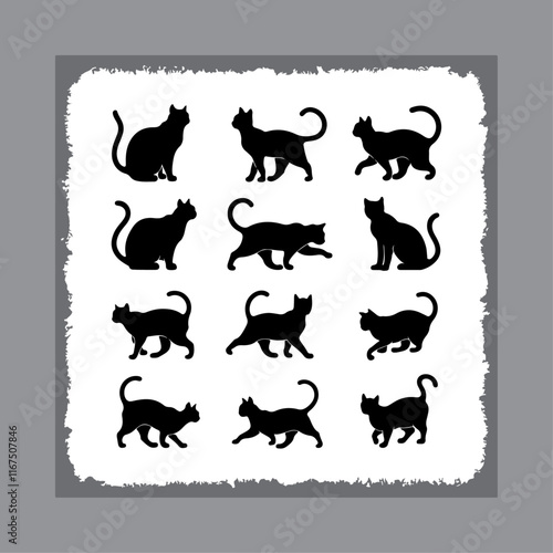 Cat silhouette Vector cats set Animal pet wildcat and kitten black silhouette illustration.