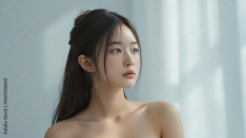 Obraz premium Serene Portrait of a Young Woman: Natural Beauty in Soft Light