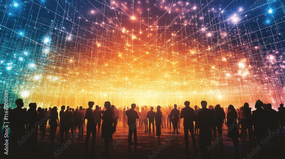 A crowd silhouetted against a vibrant, illuminated backdrop of lights and patterns. A crowd silhouetted against a vibrant, illuminated backdrop of lights and patterns.