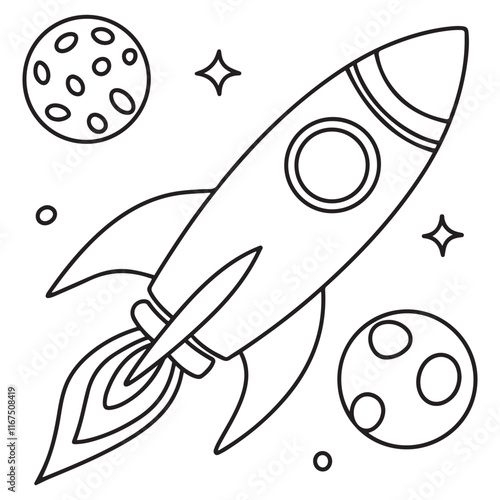 The rocket flies to the moon coloring book. Antistress planet, earth and moon Vetor illustration in zentangle style.