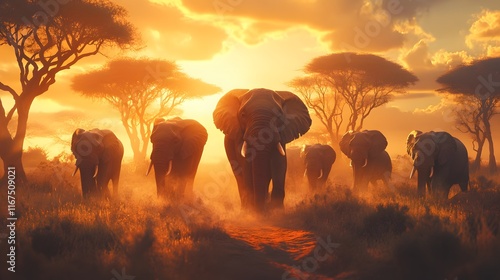 Elephant Herd Walking Towards Sunset In African Savanna photo