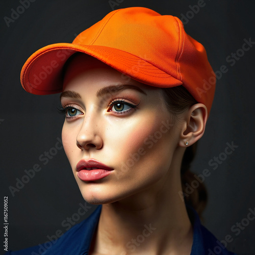 Wallpaper Mural Young woman in bright orange baseball cap looking away cameras. Torontodigital.ca