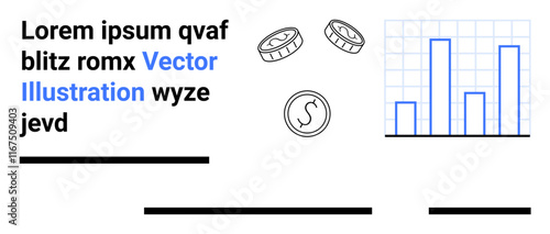 Coins, dollar sign, and bar graph in blue and black. Ideal for financial reports, investment presentations, economic courses, data analysis tools, financial blogs, budget planning apps, corporate