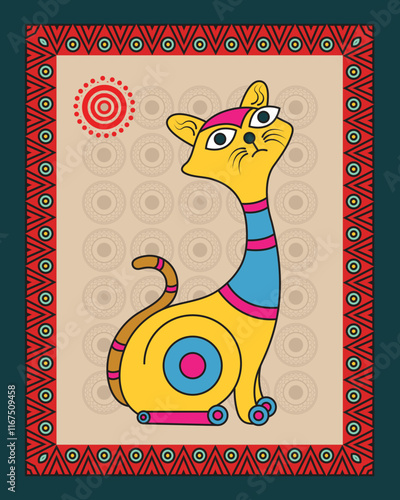 Kalighat Cat Painting: A Whimsical Depiction of Feline Grace. Kalighat art, Bengal folk art, Indian folk art, Kalighat cat. photo