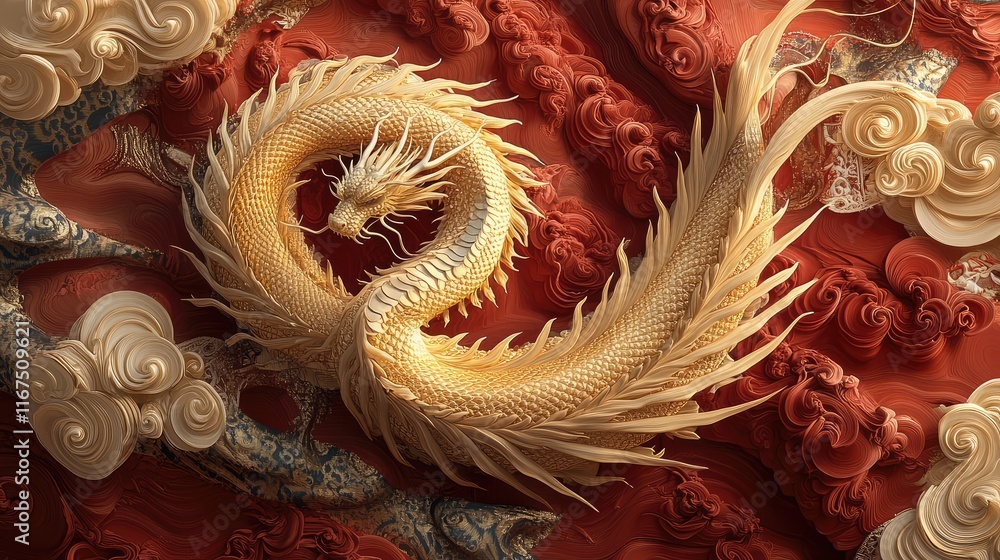 Abstract golden dragon coiled in a dynamic composition of swirling red patterns, symbolizing power and balance. Abstract golden dragon coiled in a dynamic composition of swirling red patterns, symbolizing power and balance.
