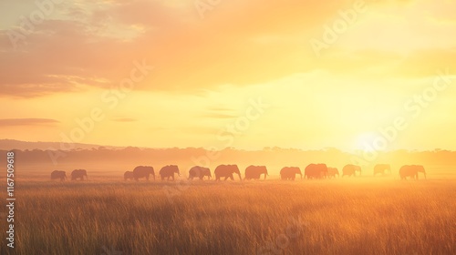 Wallpaper Mural Elephants Silhouetted Against a Golden Sunset Savanna Torontodigital.ca