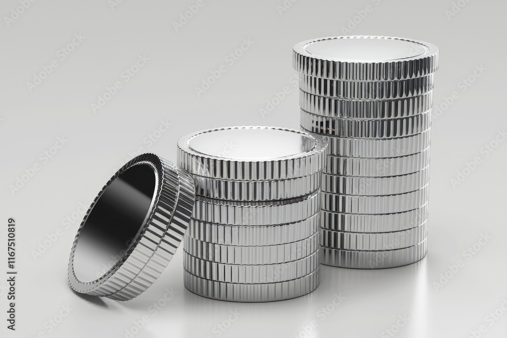 Three stacks of shiny silver coins, representing wealth, finance, and savings. Three stacks of shiny silver coins, representing wealth, finance, and savings.