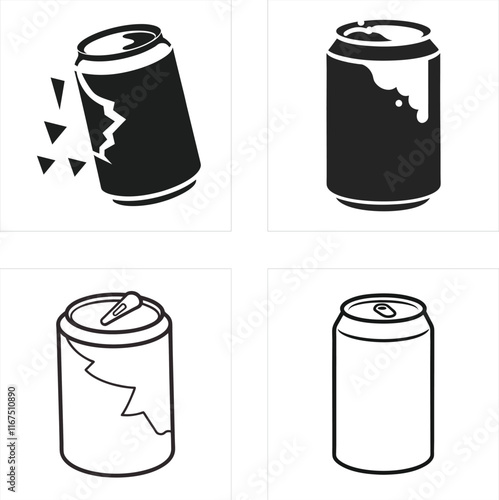 A collection of soda can illustrations featuring black silhouettes and clean line art styles, including dented and intact cans with varying designs, perfect for use in beverage-themed graphics, packag