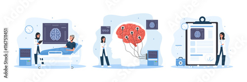 Neurologist concept. Arab Female doctor examine MRI scan and EEG result. Neurology disease diagnostics. Set of Vector illustrations in flat cartoon style.