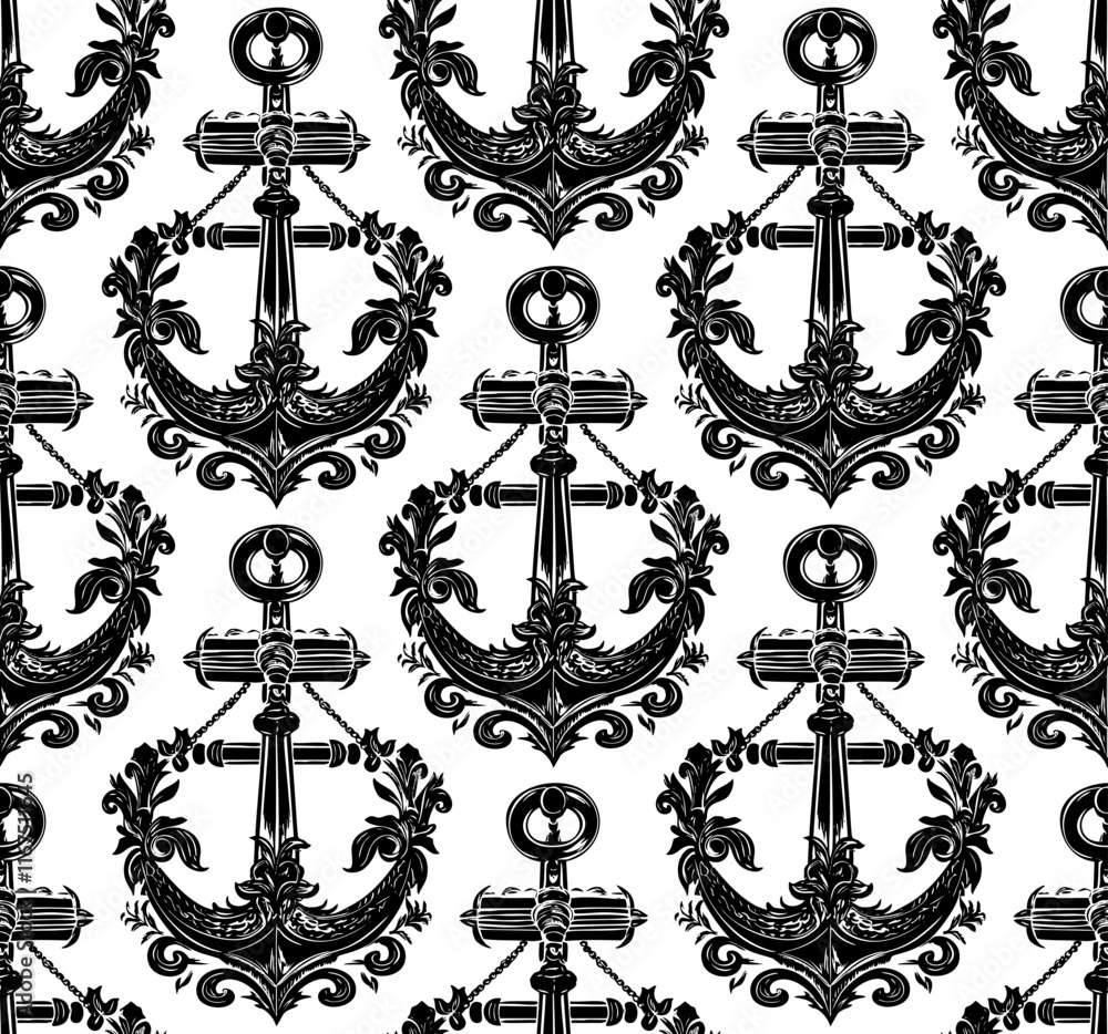 Sophisticated black damask vector pattern with repeating anchor and floral motifs.