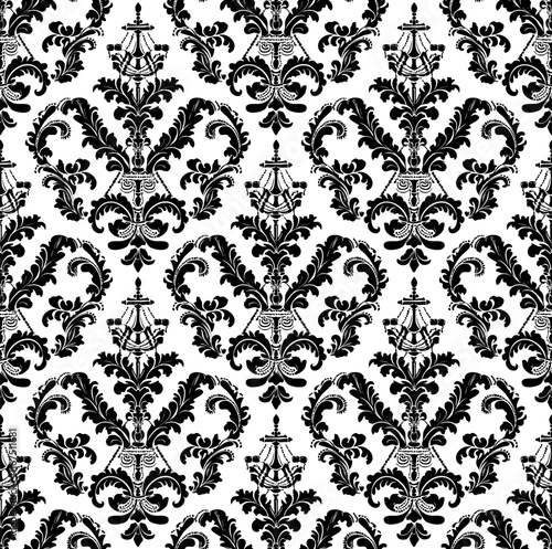 Classic black damask pattern with artistic anchors and detailed floral accents in a seamless style.