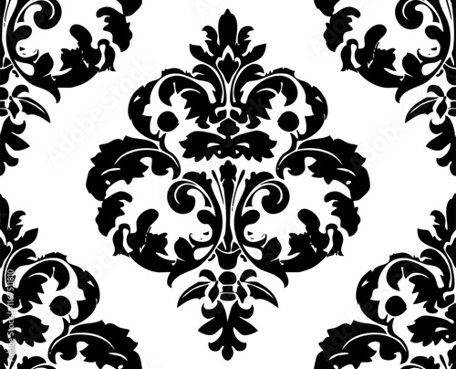 Detailed black damask vector pattern with arabesque floral elements in a traditional style.
