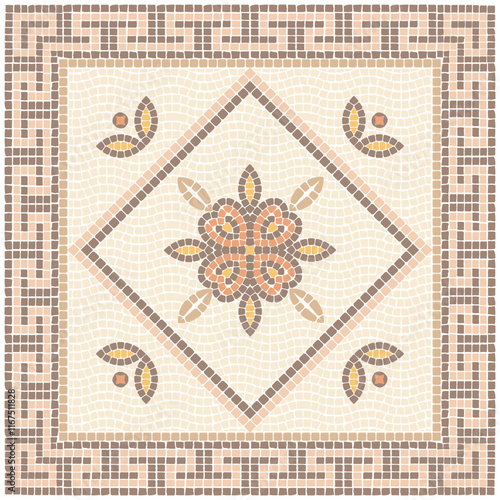 Mosaic classic floral ornament in beige, yellow, light brown and coral colors. For ceramic, tiles, ornaments, backgrounds and other projects.