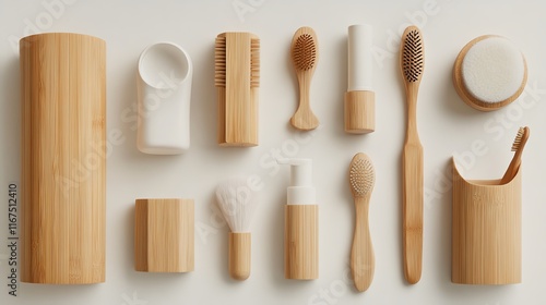 A clean, high-resolution image of eco-friendly beauty products in bamboo packaging on a white background.--ar 16:9