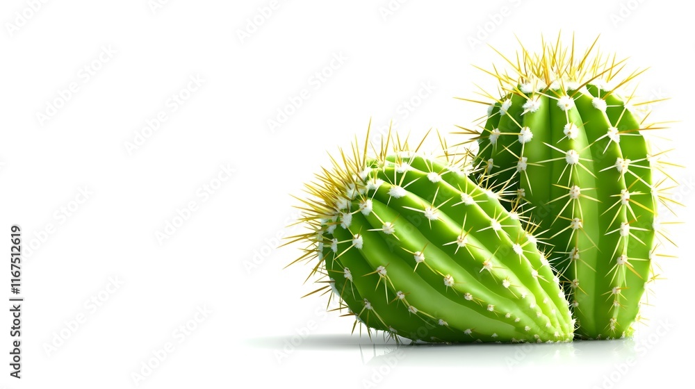 Close up of a Vibrant Green Cactus Plant with Sharp Spines on White Background Close up of a Vibrant Green Cactus Plant with Sharp Spines on White Background