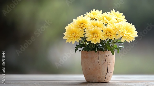 Wallpaper Mural An artistic composition of yellow chrysanthemums in a cracked terracotta pot symbolizing connection through imperfections selective focus Torontodigital.ca