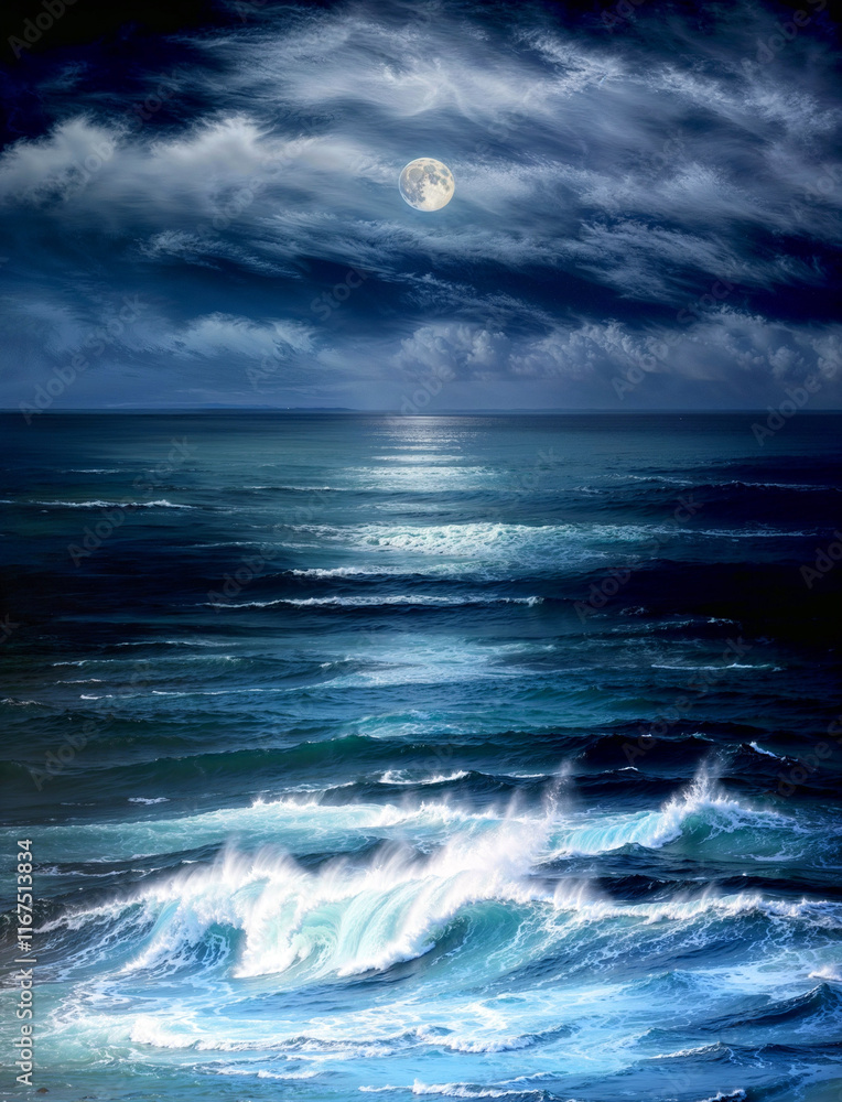 Majestic Moonlit Ocean Waves Shimmering Under Cloudy Night Sky Majestic Moonlit Ocean Waves Shimmering Under Cloudy Night Sky