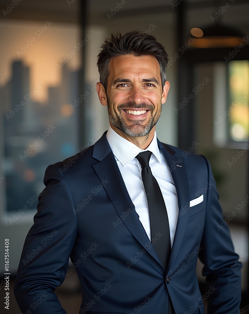 A confident businessman with a warm smile, dressed in a suit and tie, standing in a modern office environment A confident businessman with a warm smile, dressed in a suit and tie, standing in a modern office environment