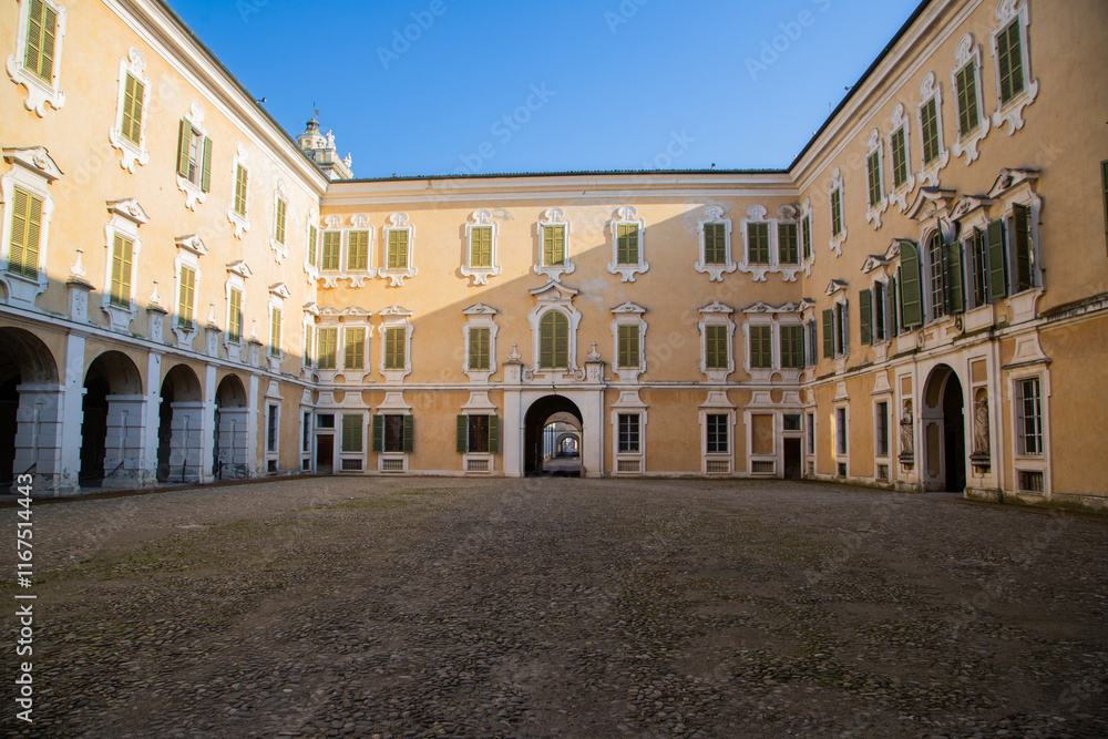 Naklejka premium Colorno Palace, Parma’s architectural gem, radiates grandeur with its regal facade and perfectly balanced design.
