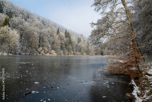 winterlandscape in switzerland, hidden frozen lake