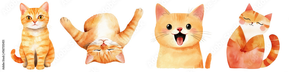 Fototapeta premium Funny cute cat watercolor illustrations feline art whimsical environment playful viewpoint