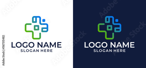 Modern Healthcare Medical Logo. Blue and Green Geometric Round Cross Sign Health Icons Stripe Style. Flat vector logo design template elements. photo