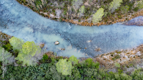 Aerial detail of the Cabriel River as it passes through the Sickle of Vicente between the provinces of Cuenca and Valencia, Spain photo