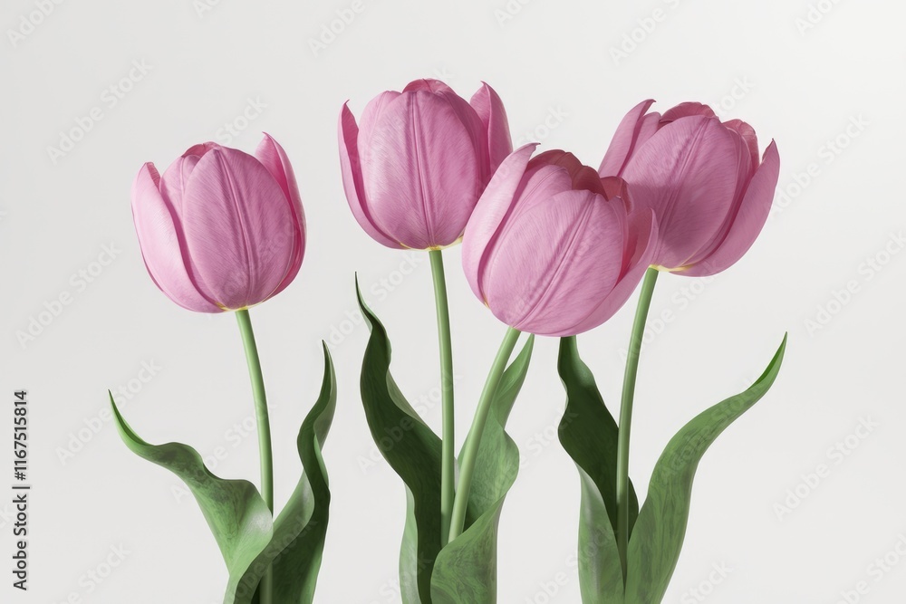 Three light pink tulips with green leaves against a white background. Three light pink tulips with green leaves against a white background.