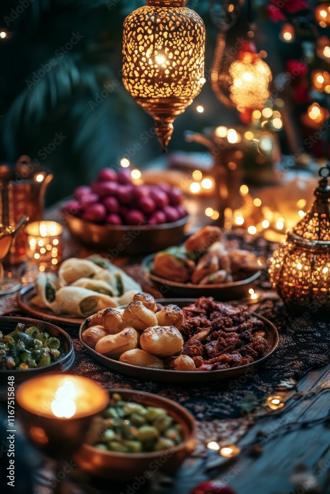 Romantic table setting; food, candles, lanterns. Romantic table setting; food, candles, lanterns.