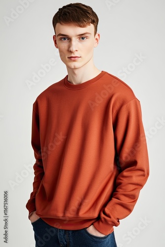 Casual Young Man in Orange Sweatshirt with Hands in Pockets photo