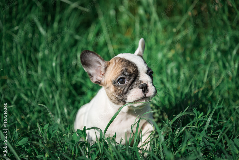 Fototapeta premium A French Bulldog puppy sits in the grass.