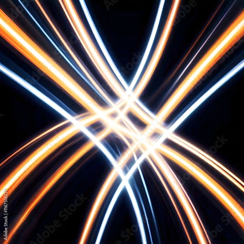 Futuristic Light Streaks in Orange and Blue Intersecting in a High-Tech Digital Art Composition
